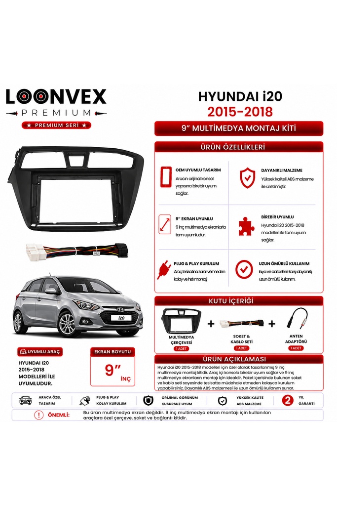 [LXZJVK] Premium HYUNDAI i20 2015-2018 9 İnç Multimedya Çerçeve ve Montaj Kiti