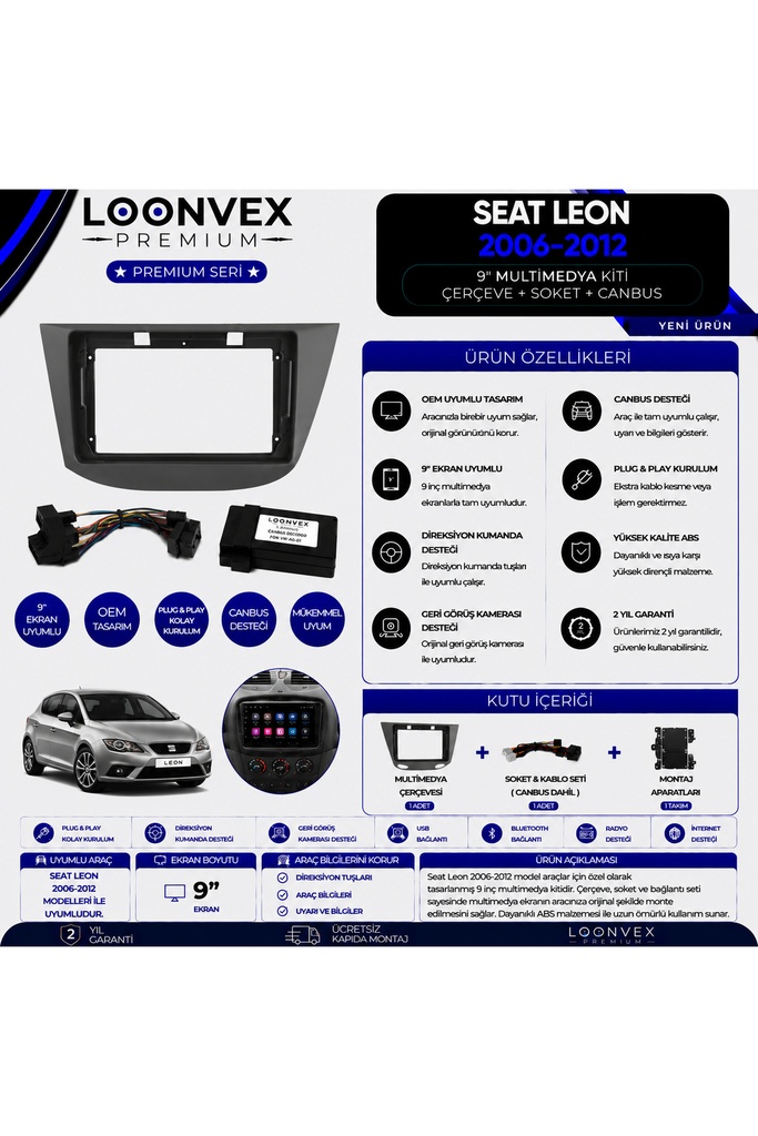 [LXDE0W] Premium SEAT Leon 2006-2012 9 İnç Multimedya Çerçeve ve Montaj Kiti