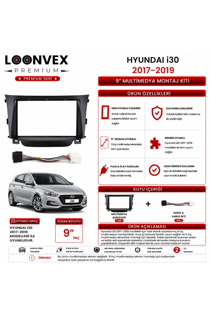 [LX6X9S] Premium HYUNDAI i30 2017-2019 9 İnç Multimedya Çerçeve ve Montaj Kiti