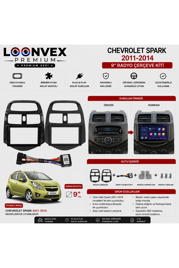 [LX5IEP] Premium Chevrolet Spark 2011-2014 9 İnç Multimedya Çerçeve ve Montaj Kiti
