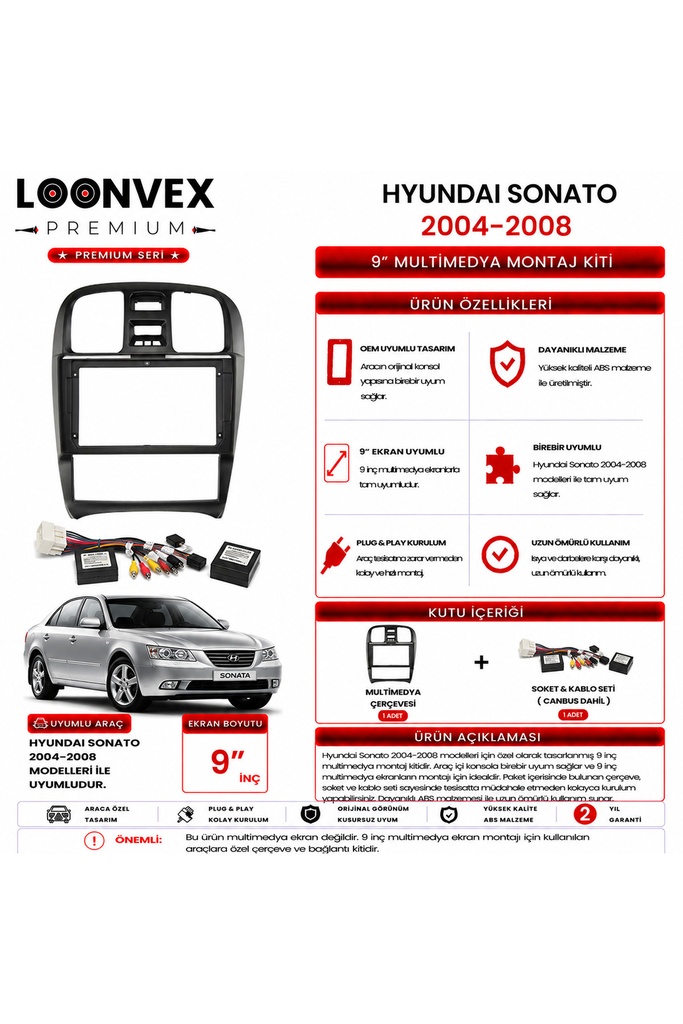 [LXFBSO] Premium HYUNDAI SONATA 2004-2008 9 İnç Multimedya Çerçeve ve Montaj Kiti