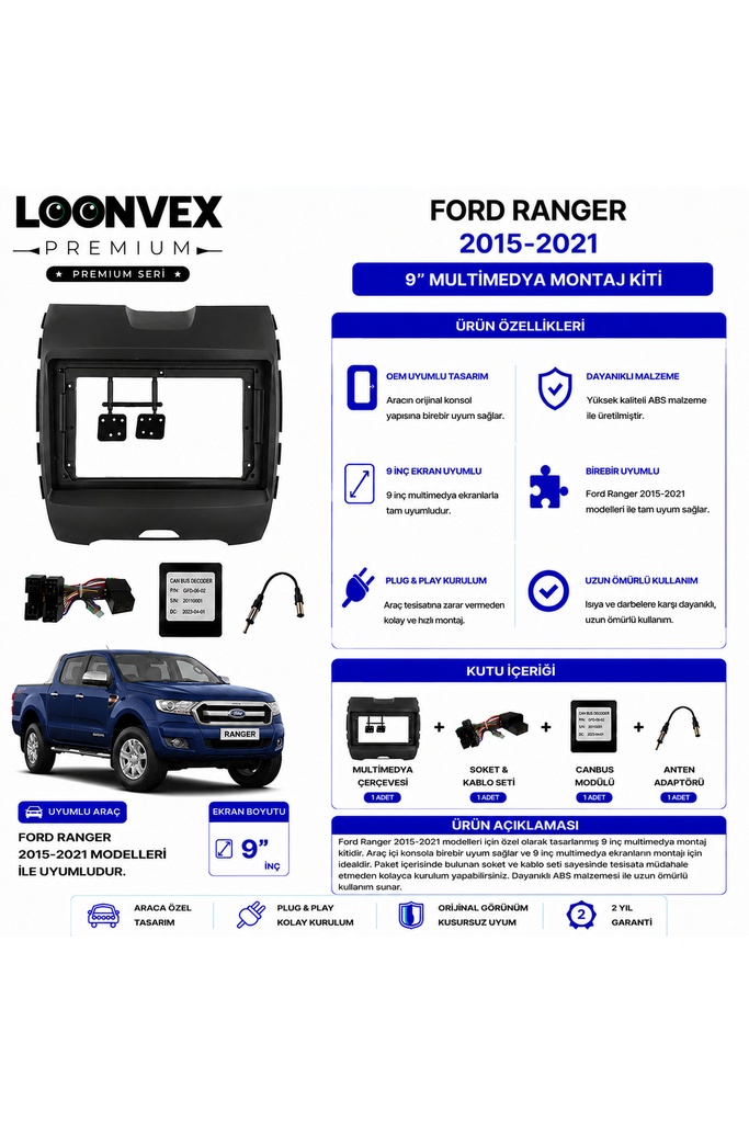 [LXFZ8U] Premium FORD RANGER 2015-2021 9 İnç Multimedya Çerçeve ve Montaj Kiti