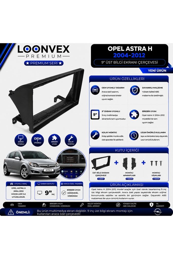 [LXV10F] Premium Opel Astra H 2004-2012 9 İnç Multimedya Çerçeve ve Montaj Kiti