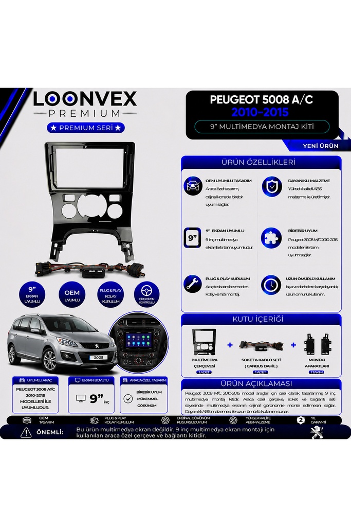 [LX0ZY0] Premium Peugeot 5008 A/C 2010-2015 9 İnç Multimedya Çerçeve ve Montaj Kiti