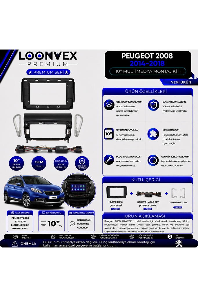 [LXQKWE] Premium Peugeot 2008 2014-2018 10 İnç Multimedya Çerçeve ve Montaj Kiti