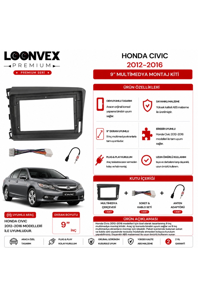 [LXKOKZ] Premium HONDA CIVIC 2012-2016 9 İnç Multimedya Çerçeve ve Montaj Kiti