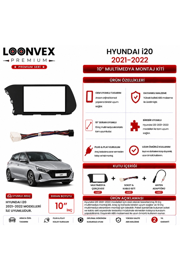 [LXVJ7U] Premium HYUNDAI i20 2021-2022 10 İnç Multimedya Çerçeve ve Montaj Kiti