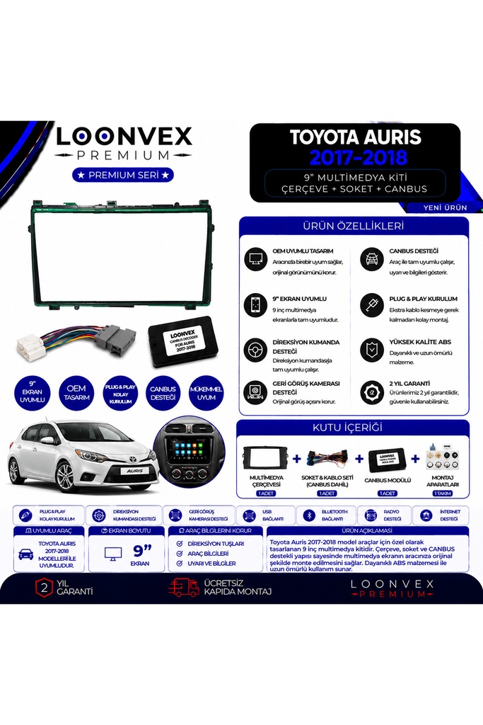 [LXFCNG] Premium Toyota Auris 2017-2018 9 İnç Multimedya Çerçeve ve Montaj Kiti