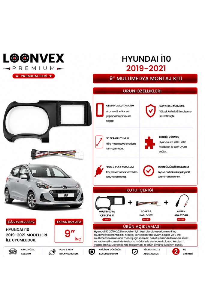 [LX8NTQ] Premium HYUNDAI i10 2019-2021 9 İnç Multimedya Çerçeve ve Montaj Kiti