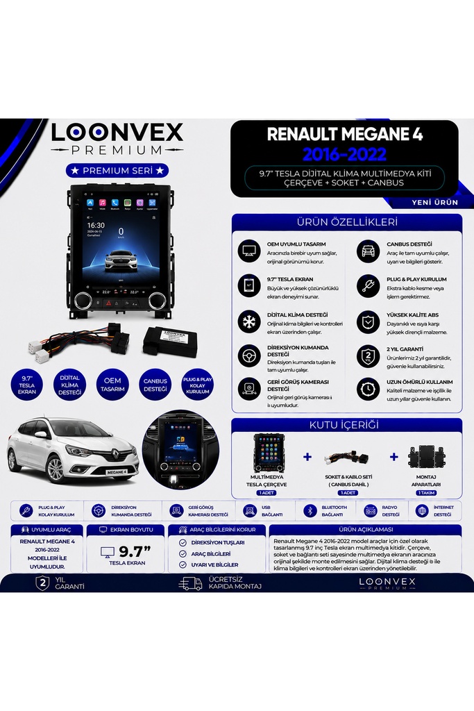 [LXGNZ8] Premium Renault Megane 4 Tesla 9.7 İnç Multimedya Çerçeve ve Montaj Kiti