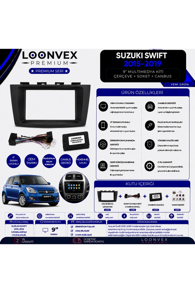 [LXYAU6] Premium Suzuki Swift 2015-2019 9 İnç Multimedya Çerçeve ve Montaj Kiti