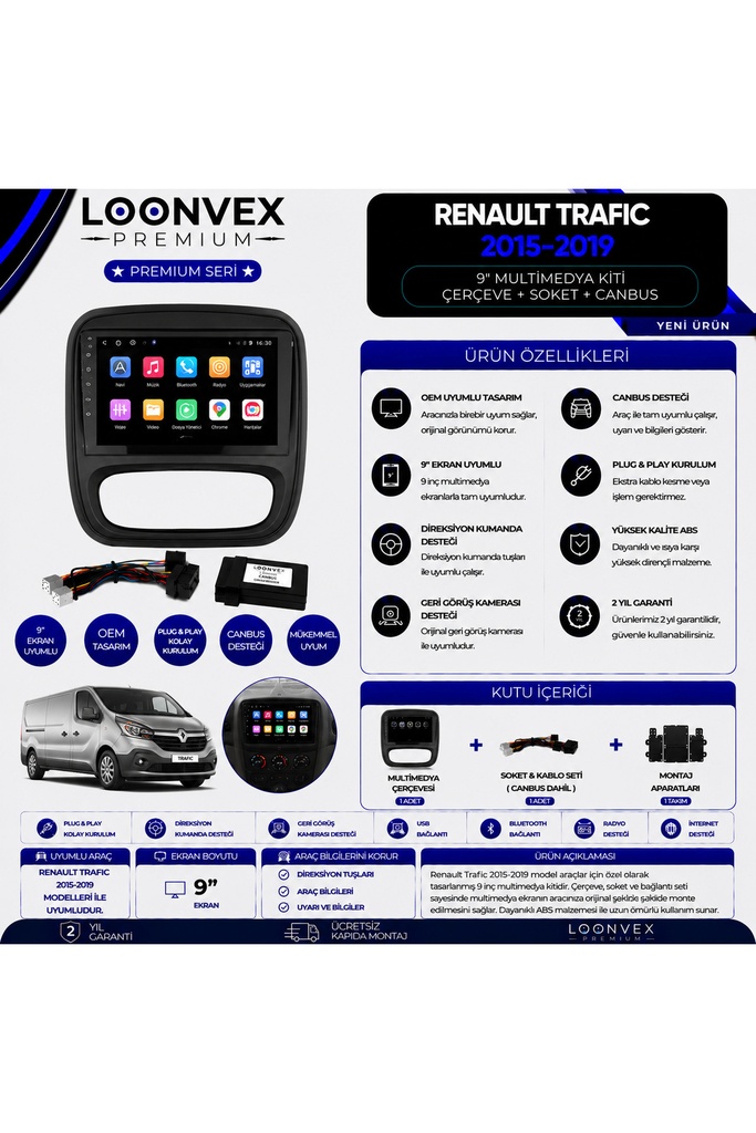 [LXQDA9] Premium Renault Trafic 2015-2019 9 İnç Multimedya Çerçeve ve Montaj Kiti