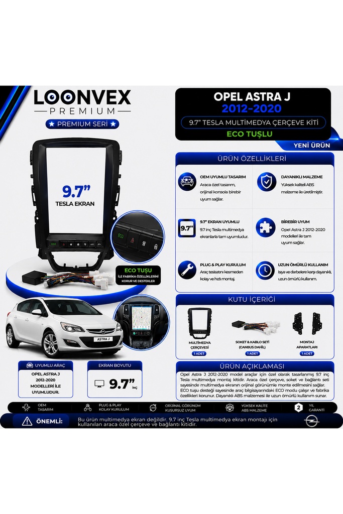[LX1ZWZ] Premium Opel Astra J ECO Tuşlu 2012-2020 9.7 İnç Multimedya Çerçeve ve Montaj Kiti