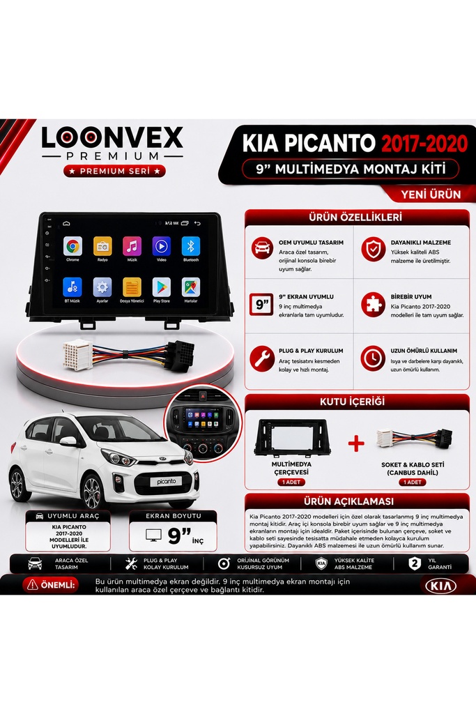 [LX7SNC] Premium KIA PICANTO 2017-2020 9 İnç Multimedya Çerçeve ve Montaj Kiti
