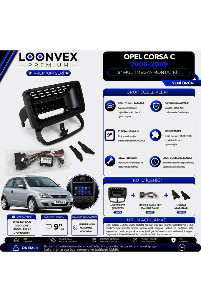 [LXGXJI] Premium Opel Corsa C 2000-2009 9 İnç Multimedya Çerçeve ve Montaj Kiti