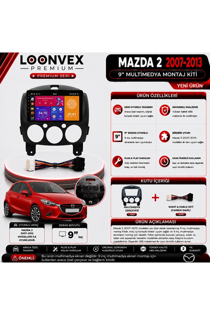 Premium MAZDA 2 2007-2013 9 İnç Multimedya Çerçeve ve Montaj Kiti