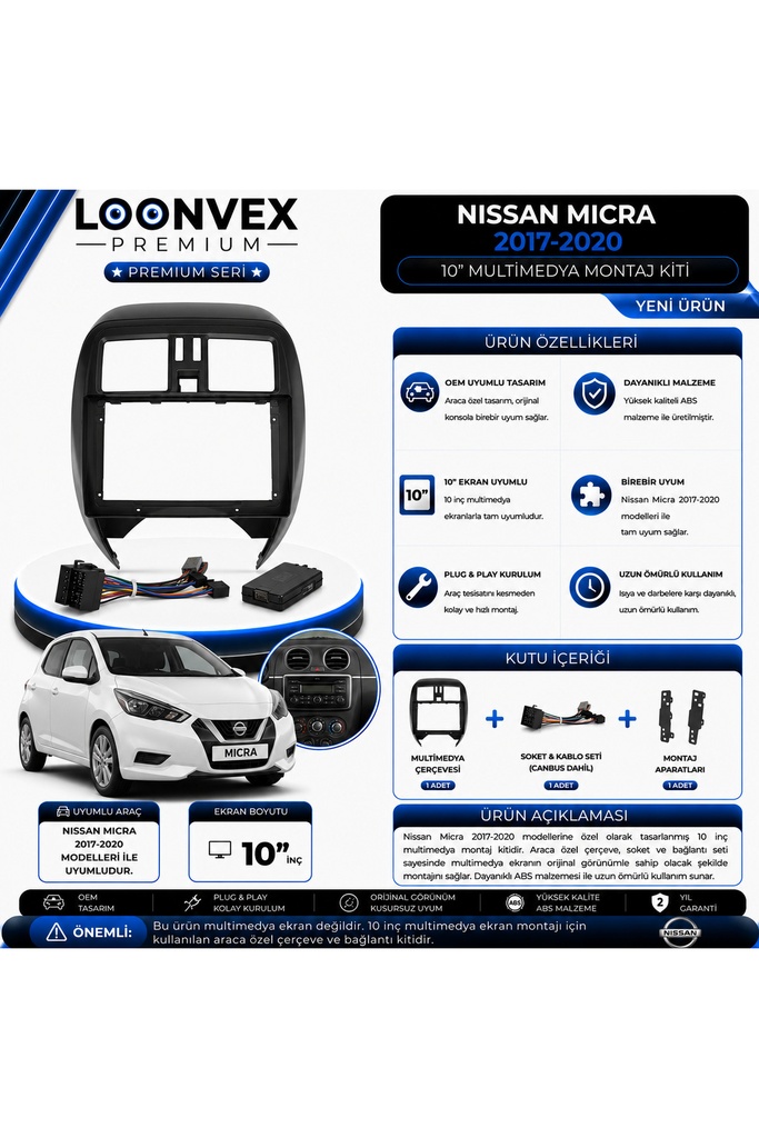 Premium Nissan Micra 2017-2020 10 İnç Multimedya Çerçeve ve Montaj Kiti
