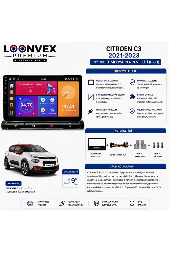 Premium Citroen C3 2021-2023 High 9 İnç Multimedya Çerçeve ve Montaj Kiti