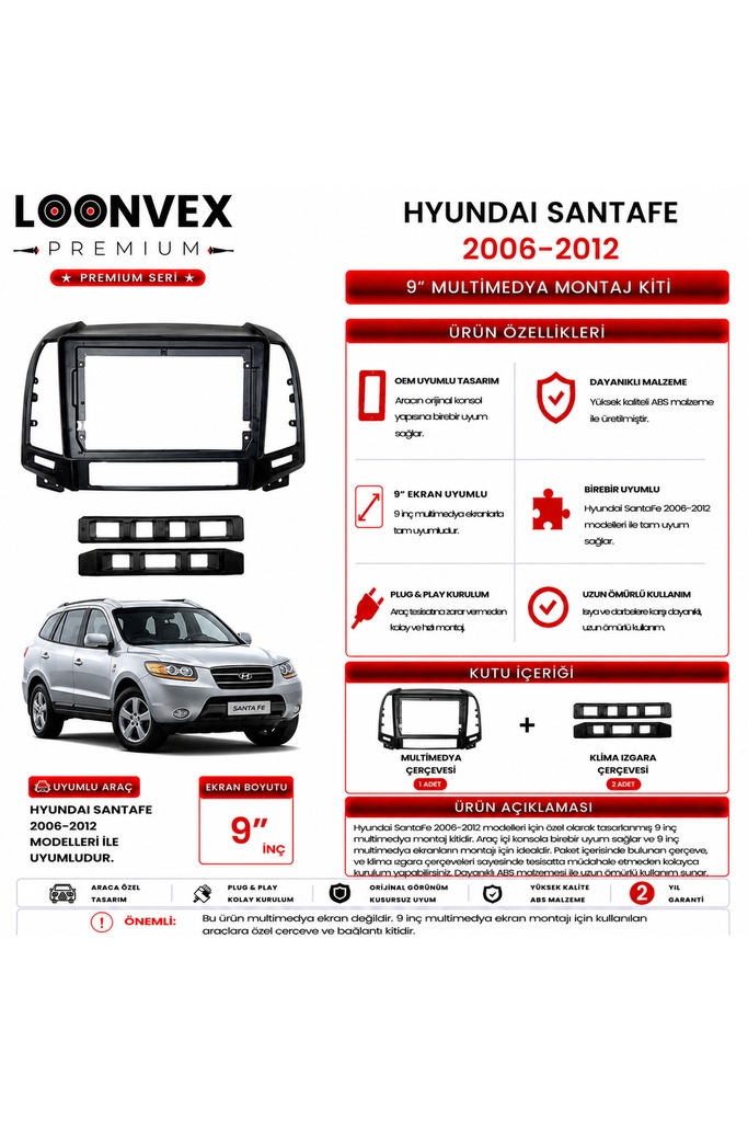 Premium HYUNDAI SANTA FE 2006-2012 9 İnç Multimedya Çerçeve ve Montaj Kiti