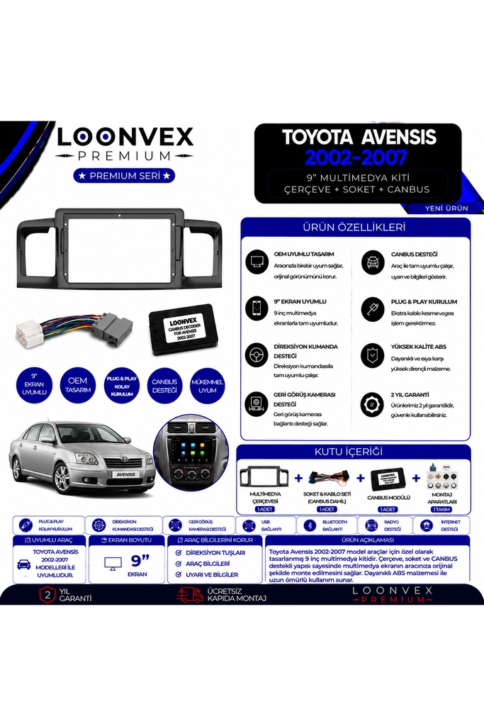 Premium Toyota Avensis 2002-2007 9 İnç Multimedya Çerçeve ve Montaj Kiti