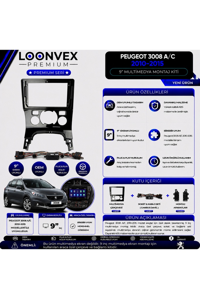 Premium Peugeot 3008 A/C 2010-2015 9 İnç Multimedya Çerçeve ve Montaj Kiti