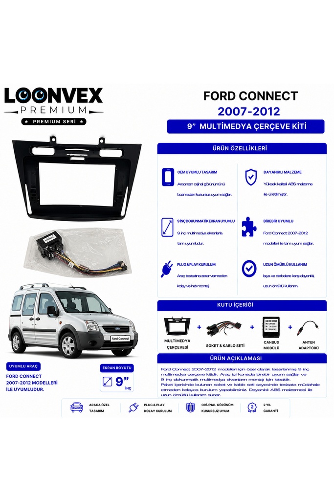 Premium FORD CONNECT 2007-2012 9 İnç Multimedya Çerçeve ve Montaj Kiti