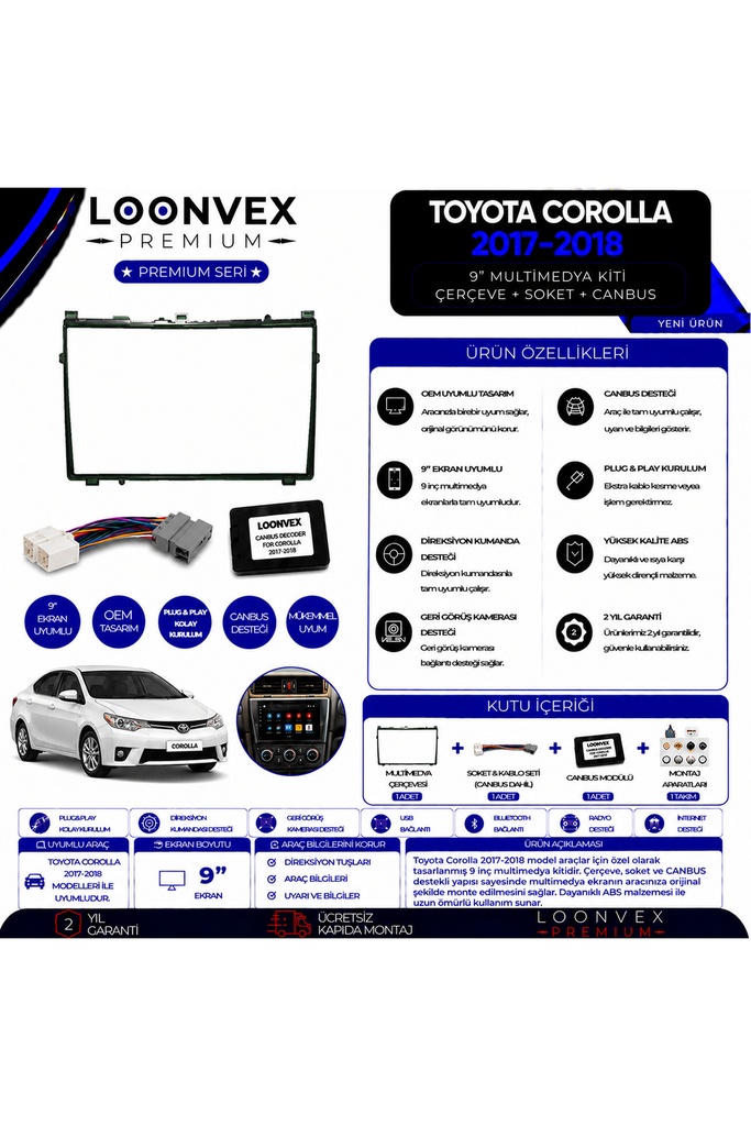 Premium Toyota Corolla 2017-2018 9 İnç Multimedya Çerçeve ve Montaj Kiti