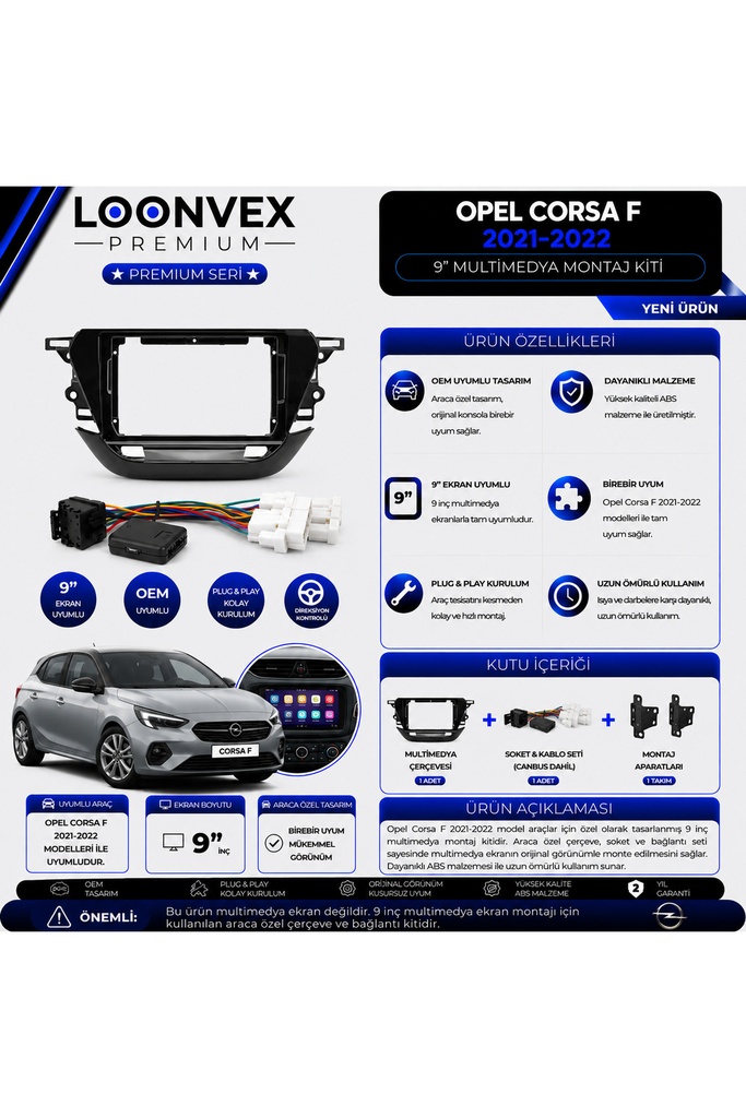 Premium Opel Corsa F 2021-2022 9 İnç Multimedya Çerçeve ve Montaj Kiti