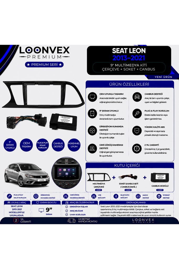 Premium SEAT Leon 2013-2021 9 İnç Multimedya Çerçeve ve Montaj Kiti