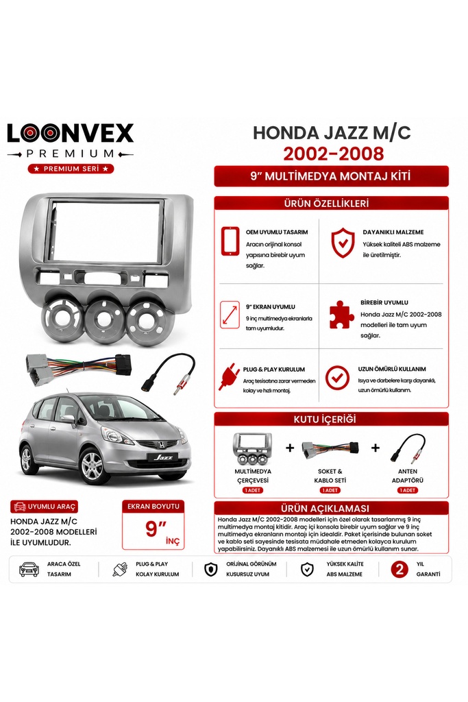 Premium HONDA JAZZ M/C 2002-2008 9 İnç Multimedya Çerçeve ve Montaj Kiti