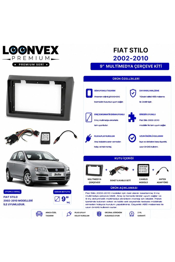 Premium FIAT STILO 2002-2010 9 İnç Multimedya Çerçeve ve Montaj Kiti