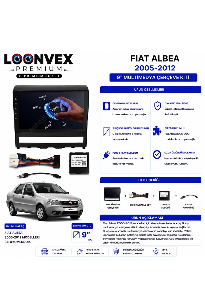 Premium FIAT ALBEA 2005-2012 9 İnç Multimedya Çerçeve ve Montaj Kiti