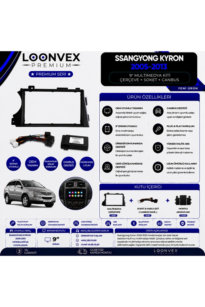 Premium SsangYong Kyron 2005-2013 9 İnç Multimedya Çerçeve ve Montaj Kiti