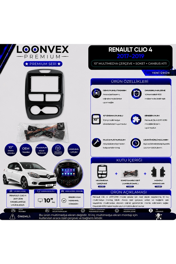 Premium Renault Clio 4 2017-2019 10 İnç Multimedya Çerçeve ve Montaj Kiti