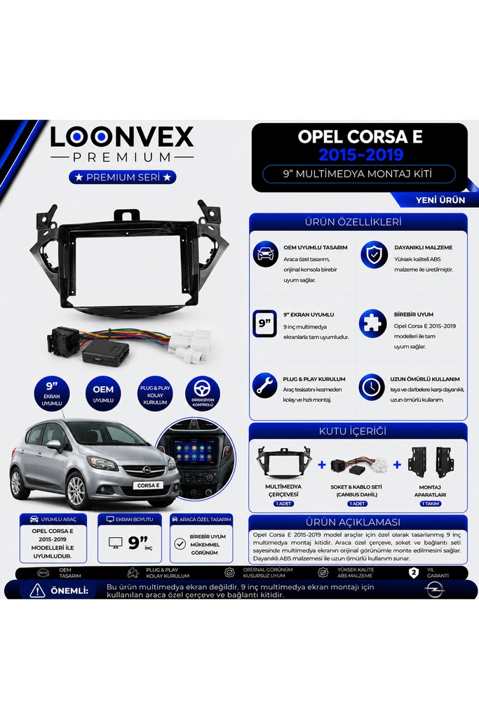 [LXVP7G] Premium Opel Corsa E 2015-2019 9 İnç Multimedya Çerçeve ve Montaj Kiti