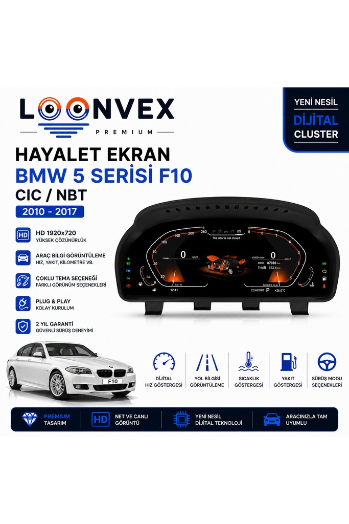 Premium BMW 5 Serisi F10 2010-2017 CIC/NBT Dijital Gösterge – Hayalet Ekran