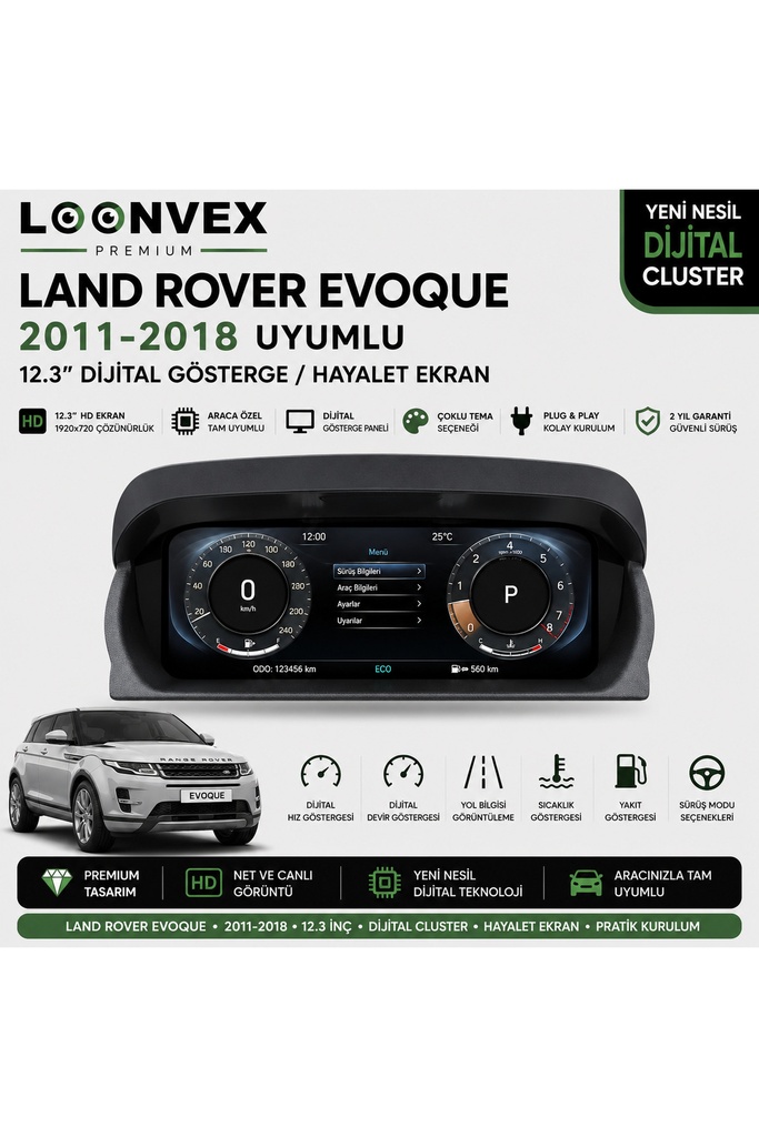 [LNV-DC-0016] Premium Range Rover Evoque 2011-2018 12.3” Dijital Gösterge – Hayalet Ekran