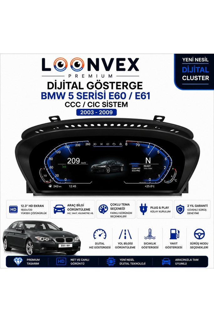 Premium BMW 5 Serisi E60/E61 2003-2009 CCC/CIC 12.3” Dijital Gösterge – Hayalet Ekran
