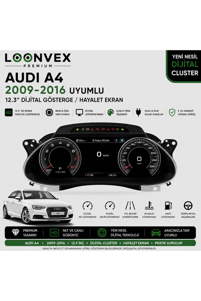 [LNV-DC-0007] Premium Audi A4 2009-2016 12.3” Dijital Gösterge – Hayalet Ekran