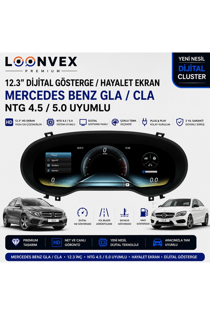 [LNV-DC-0004] Premium Mercedes-Benz GLA / CLA NTG 4.5 / 5.0 12.3” Dijital Gösterge – Hayalet Ekran