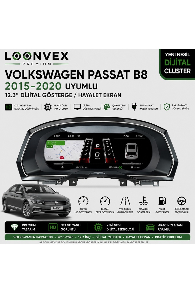 [LNV-DC-0023] Premium Volkswagen Passat B8 2015-2020 12.3” Dijital Gösterge – Hayalet Ekran