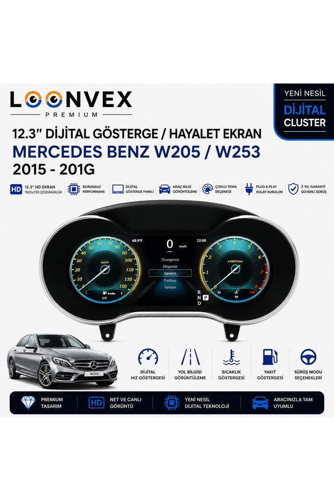 [LNV-DC-0009] Premium Mercedes-Benz W205 / W253 12.3” Dijital Gösterge – Hayalet Ekran