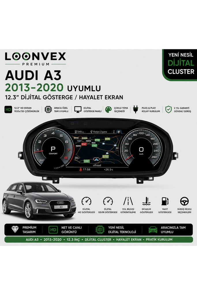 [LNV-DC-0006] Premium Audi A3 2013-2020 12.3” Dijital Gösterge – Hayalet Ekran