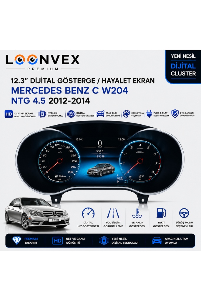 [LNV-DC-0003] Premium Mercedes-Benz C Serisi W204 2012-2014 NTG 4.5 Dijital Gösterge – Hayalet Ekran