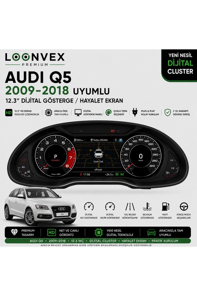 [LNV-DC-0008] Premium Audi Q5 2009-2018 12.3” Dijital Gösterge – Hayalet Ekran