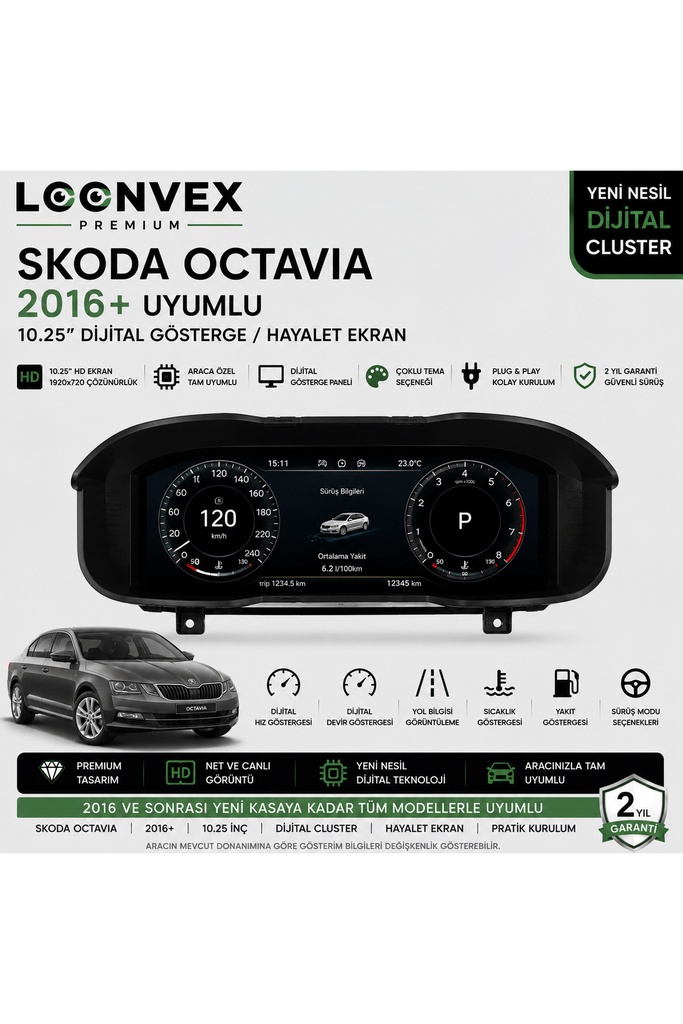 [LNV-DC-0026] Premium Skoda Octavia 2016 ve Sonrası 10.25” Dijital Gösterge – Hayalet Ekran