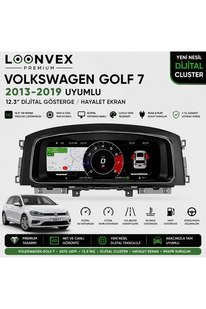 [LNV-DC-0015] Premium Volkswagen Golf 7 2013-2019 12.3” Dijital Gösterge – Hayalet Ekran