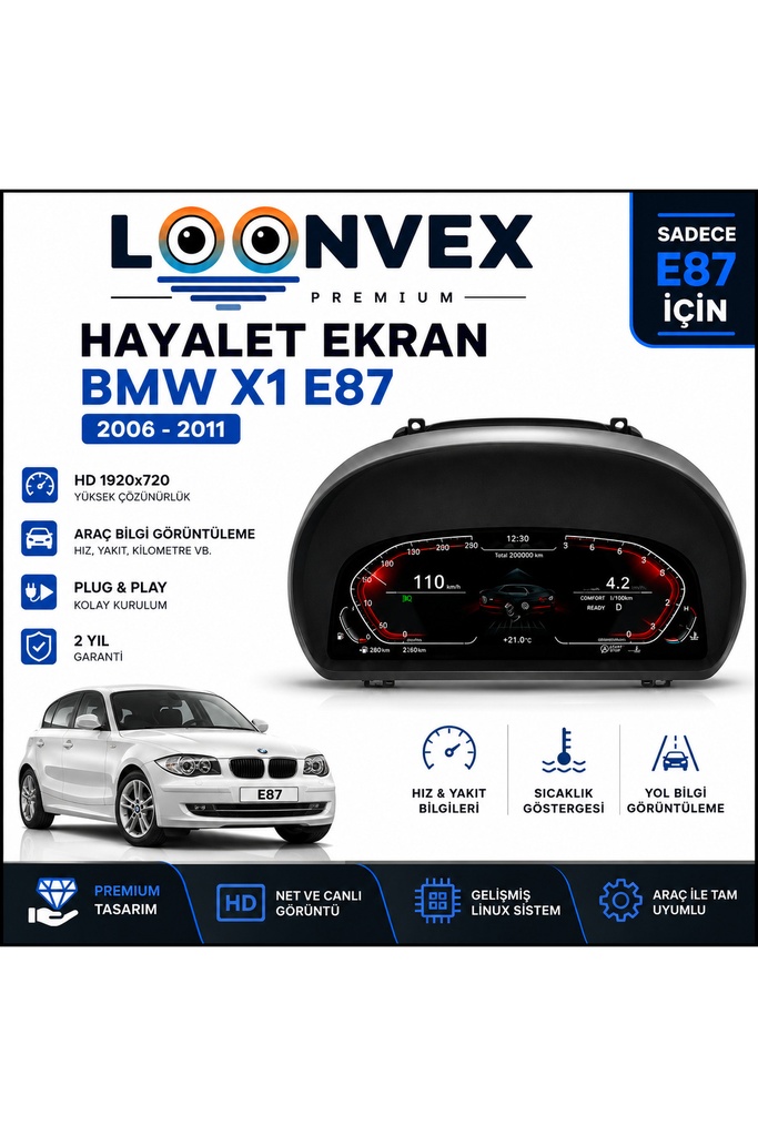 [LNV-DC-0014] Premium BMW 1 Serisi E87 2006-2011 Dijital Gösterge – Hayalet Ekran