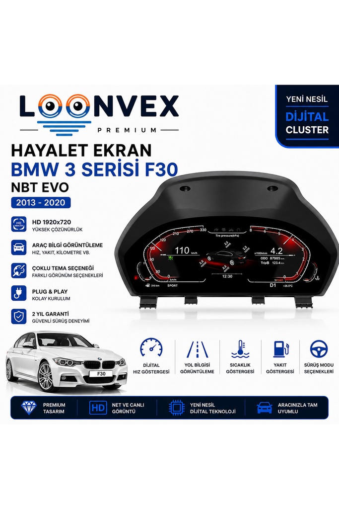 [LNV-DC-0011] Premium BMW 3 Serisi F30 2013-2020 NBT EVO Dijital Gösterge – Hayalet Ekran