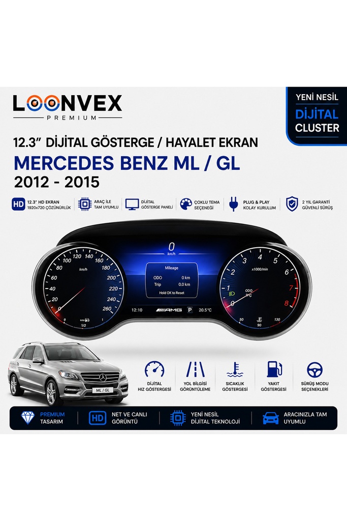 [LNV-DC-0005] Premium Mercedes-Benz ML / GL 2012-2015 12.3” Dijital Gösterge – Hayalet Ekran